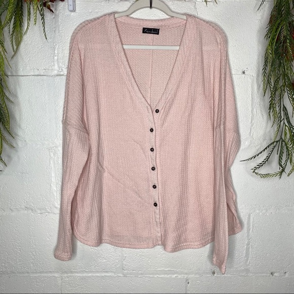 Soft Pink Waffle Weave Button Front V Neck Long Sleeve Top Size Large - Picture 1 of 6